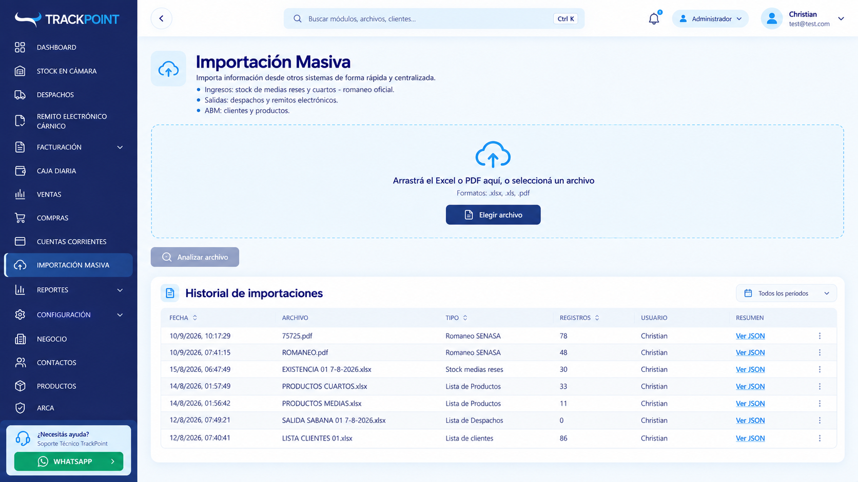Vista de Importación Masiva de TrackPoint con carga de archivos e historial de importaciones