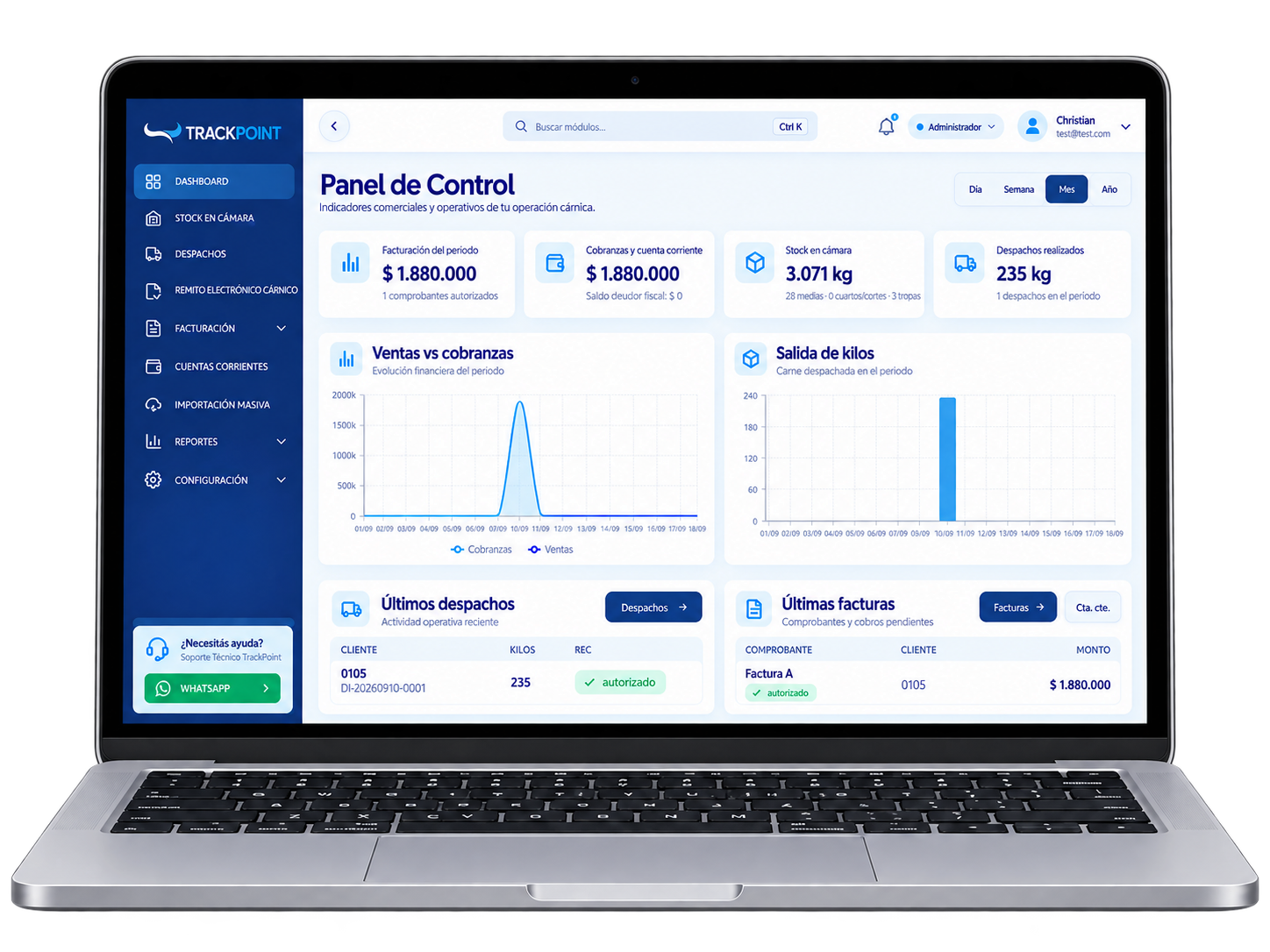 TrackPoint en una notebook: resumen de ventas, remitos, facturas y cuentas corrientes